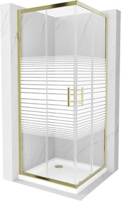 Mexen Rio, szögletes zuhany tolóajtóval 70 (ajtó) x 70 (ajtó) x 190 cm, 5mm átlátszó üveg csíkokkal, arany profil + fehér SLIM zuhanytálca, 860-070-0…