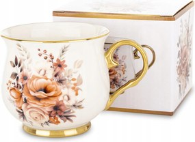 Porcelán bögre 430 ml Fehér Virágok Arany Elegáns Ajándék Doboz