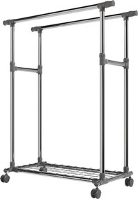 Fém ruhaállvány kerekeken 2 rúddal + polcokkal