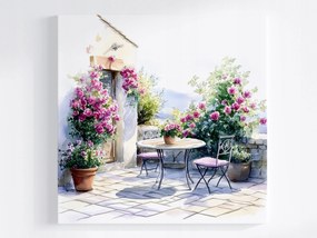 Vászonkép Canvas Tájkép Ház Terasz Kert Virágok Rózsák Hegyek 80x80