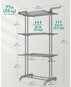 összecsukható 4 szintes ruhaszárító állvány, mozgatható, 64 x 126 x 172 cm, rozsdamentes acél, lehajtható szárnyakkal, szürke