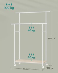 SONGMICS Colten Kétsínes Ruhaállvány Polccal, 98,5 cm, 100 kg, Matt Fehér / Természetes Bézs