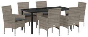 7 Darabos Kerti Étkező Készlet Párnákkal Szürke Polirattan, Kerti Asztal Fekete 160x80x73 cm Edzett Üveg