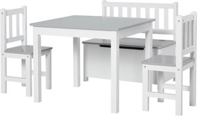 HOMCOM Gyermek Asztal és Szék Szett 4 Részes: 2 Szék és Tároló Pad Gyerekeknek 3 Éves Kortól, Szürke és Fehér | Aosom