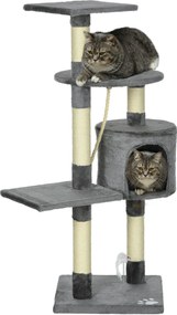 PawHut Macska Kaparó 116 cm Magas Macska Fa Mászótorony Játékos Sziszál Kaparó Oszlopokkal, Kényelmes Barlanggal, Platformokkal és Szórakoztató Függő