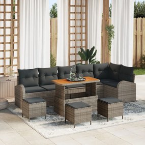 9 darabos kertisofa szett párnákkal szürke poli rattan akác, 2 személyes kertisofa párnákkal szürke poli rattan, 3 darabos kert étkező szett párnákkal szürke poli rattan akác