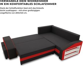 Grande sarokkanapé polcokkal és puffokkal , polc a jobb karfaban puffok a bal karfaban, jobboldali, szövet anyag, hab töltet, fekete - piros