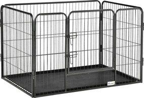 PawHut Téglalap alakú Kiskedvenc Játékkerítés 4 Paneleből Készült Acél 109x74x71 cm-es Dupla Zárral Ellátott Ajtóval és Kivehető Tálcával Kültéri és B