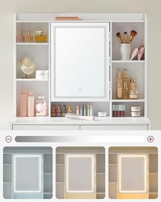 KAILYN LED sminkasztal tükörrel, 2 fiókkal, modern, felhőfehér