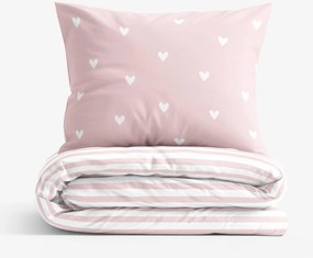 Goldea pamut ágyneműhuzat - szívecskék, púderrózsaszín csíkos hátoldal 140 x 200 és 70 x 90 cm