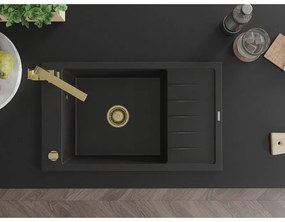 Mexen Elias, gránit mosogató gránit 795x480x200 mm, 1 kamrás, fekete arany szifonnal és arany Rita mosogató csapteleppel, 6511-77-670300-50