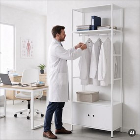 Irodai polc nyitott ruhaakasztó rúddal, recepcióra és váróterembe, fém, fehér, 800x2200x400 mm: ARIEL