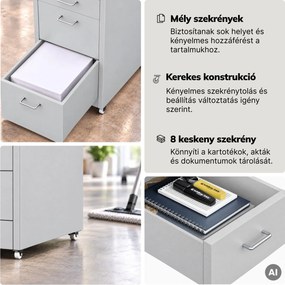 Kartotékszekrény görgőkkel, fém, 8 fiókos, dokumentumokhoz, szürke, 300x1100x600 mm: SARA V8