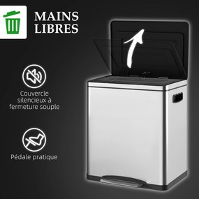 HOMCOM 40L x 34,8W x 47,5H cm Ezüst 2 x 15L Pedálos Kuka 2 Rekesszel, Rozsdamentes Acélból, Soft-Close Fedéllel, Kivehető Vödrökkel | Aosom