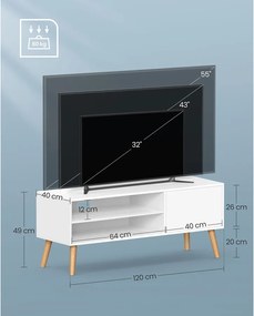 TV-állvány, 120 cm széles TV-szekrény, fehér