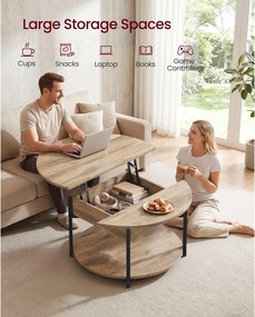 VASAGLE kerek emelhető dohányzóasztal rejtett rekeszzzel, 80 cm, teveszürke-fekete