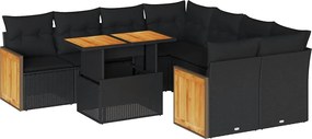vidaXL 9 részes fekete polyrattan akácfa kerti ülőgarnitúra párnákkal