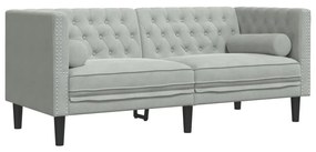 3 részes világosszürke bársony párnás Chesterfield kanapé szett