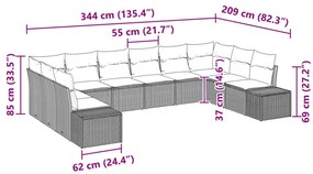 10 részes kerti kanapé szett párnákkal, világosszürke, poli rattan