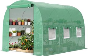 Outsunny alagút üvegház 198×275×191 cm, polcokkal — felhajtható ajtó, 6 szellőzőablak, UV-álló PE-borítás, horganyzott acélváz, vízálló, zöld | Aosom