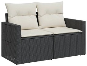 2 személyes fekete polyrattan kerti kanapé párnával