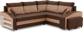 Grande sarokkanapé polcokkal és puffokkal , polc a bal karfaban puffok a jobb karfaban, jobboldali, szövet anyag, hab töltet, barna