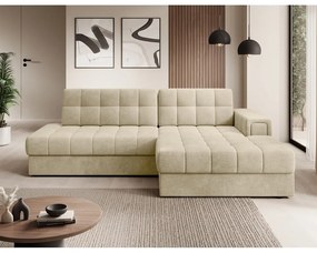 Világosbarna bársony kinyitható sarokkanapé (jobb oldali-heverő résszel) Blezalt – ELTAP