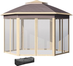 Outsunny Összecsukható Pavilon 4x3.4x2.85 m Hexagonális Kerti Napernyő Két Rétegű Tetővel 6 Levehető Szúnyoghálós Felszereléssel, 3-Szintben Állítható