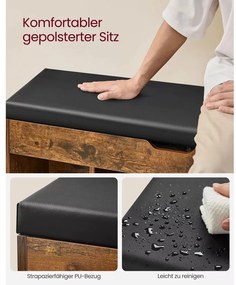 Cipőtároló pad, párnázott ülőfelülettel, felnyitható, rusztikus barna 100x30x44cm