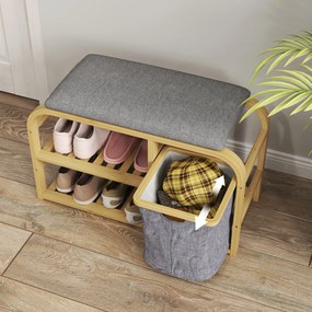 HOMCOM Bambusz Cipőpad Cipőszekrény Párnázott Üléssel, 2 Rácsos Polccal és Csúsztatható Szövet Kosárral, Előszobai Pad, 70x30x45cm, Természetes fa | A