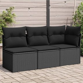 Fekete 3 személyes polyrattan kerti kanapé párnákkal