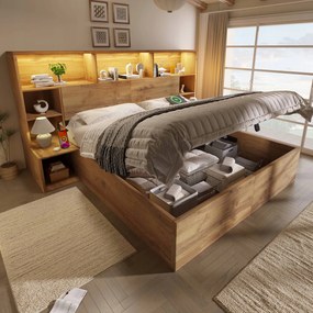 Franciaágy Fa ágy 180x200cm hidraulikus polc Led dolgozószoba tölgy