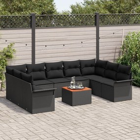 10 részes kerti kanapé szett párnákkal, fekete, poli rattan, akác, 2 fős kerti kanapé tárolóval és párnákkal, fekete, poli rattan