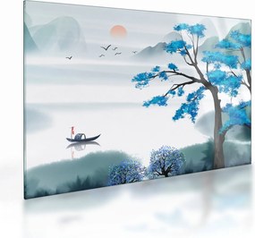 Kép - festett tó csónakkal (üvegen) (70x50 cm)