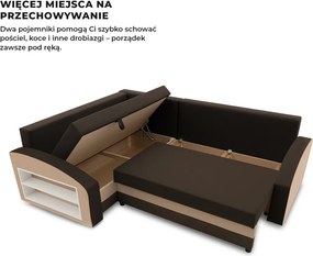 Grande sarokkanapé polcokkal , polc a bal karfaban, baloldali, szövet anyag, hab töltet, barna