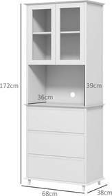 HOMCOM Fehér Fa Konyhai Buffetszekrény 2 Üveges Ajtóval, 3 Fiókkal és Középső Niche-val 68L x 38W x 172H cm | Aosom