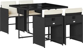 vidaXL 5 részes fekete polyrattan kerti étkezőgarnitúra párnákkal