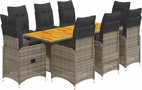 vidaXL 9 részes szürke polyrattan kerti bisztrógarnitúra párnákkal