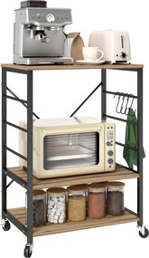 HOMCOM 3-Szintes Ipari Stílusú Konyhai Polc, Mikrohullámú Sütő és Tálalókocsi Kerekekkel és 4 Akasszal, Acél Szerkezet, Nappalihoz és Könyvtárhoz, 60x