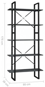 ötszintes szürke fenyőfa könyvszekrény 80 x 30 x 175 cm