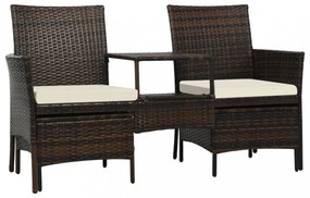 barna 2-személyes polyrattan kerti fotel asztallal/zsámolyokkal