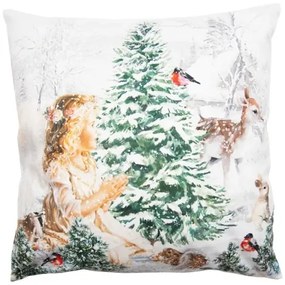 Textil párnahuzat 45x45cm,100% polyester,kislány hóesésben erdei állatokkal