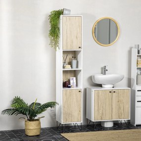 Kleankin fürdőszobai oszlopszekrény, magas WC-szekrény, hajtű lábakkal, 2 zárt szekrénnyel, polccal és 2 nyitott rekesszel - 30 x 31,5 x 169 cm | Aoso