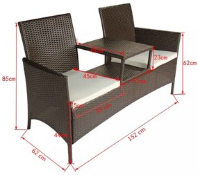 barna kétszemélyes polyrattan kerti kanapé italtartó asztallal