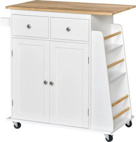 HOMCOM Konyhai Kocsi Kerekekkel, Szolgáló Trolley 2 Fiókkal, Tárolószekrénnyel, Állítható Belső Polccal, 3 Fűszerrel és Akasztóval 89x45x89.5 cm Fehér