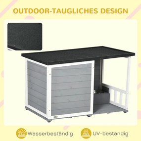 PawHut Tömörfa kutyaház 2 etetőtállal, veranda, időjárásálló, szürke-fehér