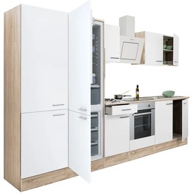 Yorki 330 konyhablokk sonoma tölgy korpusz,selyemfényű fehér front alsó sütős elemmel polcos szekrénnyel és alulfagyasztós hűtős szekrénnyel