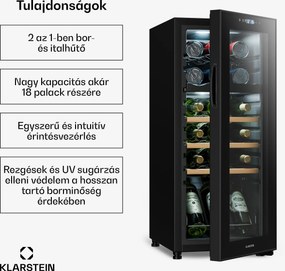 Klarstein Bovella 18 Duo+, 2 zónás borhűtő, 50 liter, 18 palack, üvegajtó