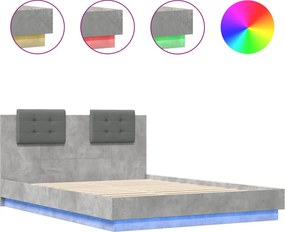 vidaXL betonszürke ágykeret fejtámlával és LED-világítással 150x200 cm