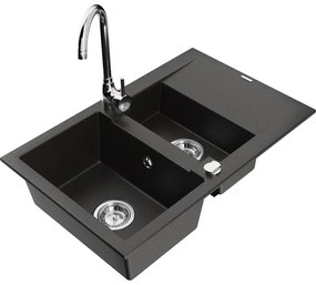 Mexen Gaspar, gránit mosogató 737x475x177 mm, 1,5 kamrás és Telma króm csaptelep, fekete-arany metál, 6507-75-670200-00